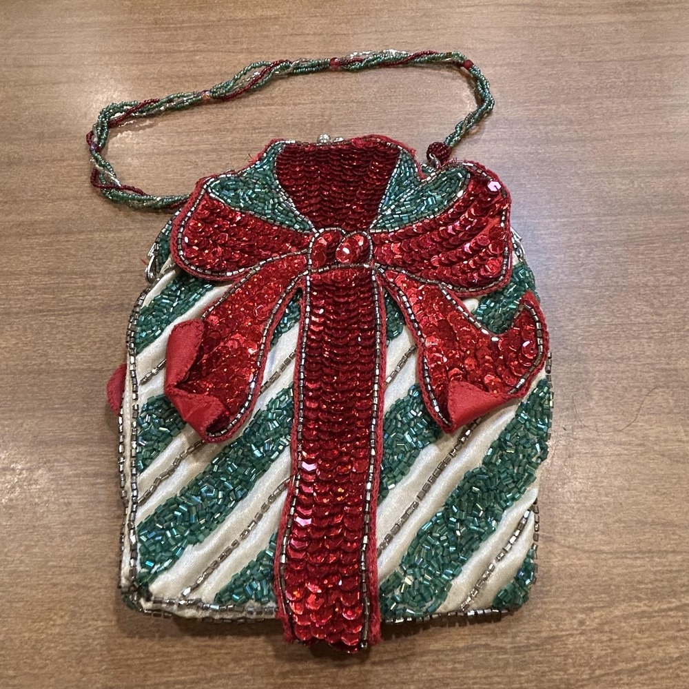 Wayne M. Kleski Kiss Snap Bag Womens Small Beaded Striped Christmas Gift Purse